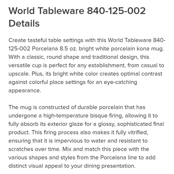 WORLD Bright White Porcelain Kona Mug set of 4 - Picture 4 of 7